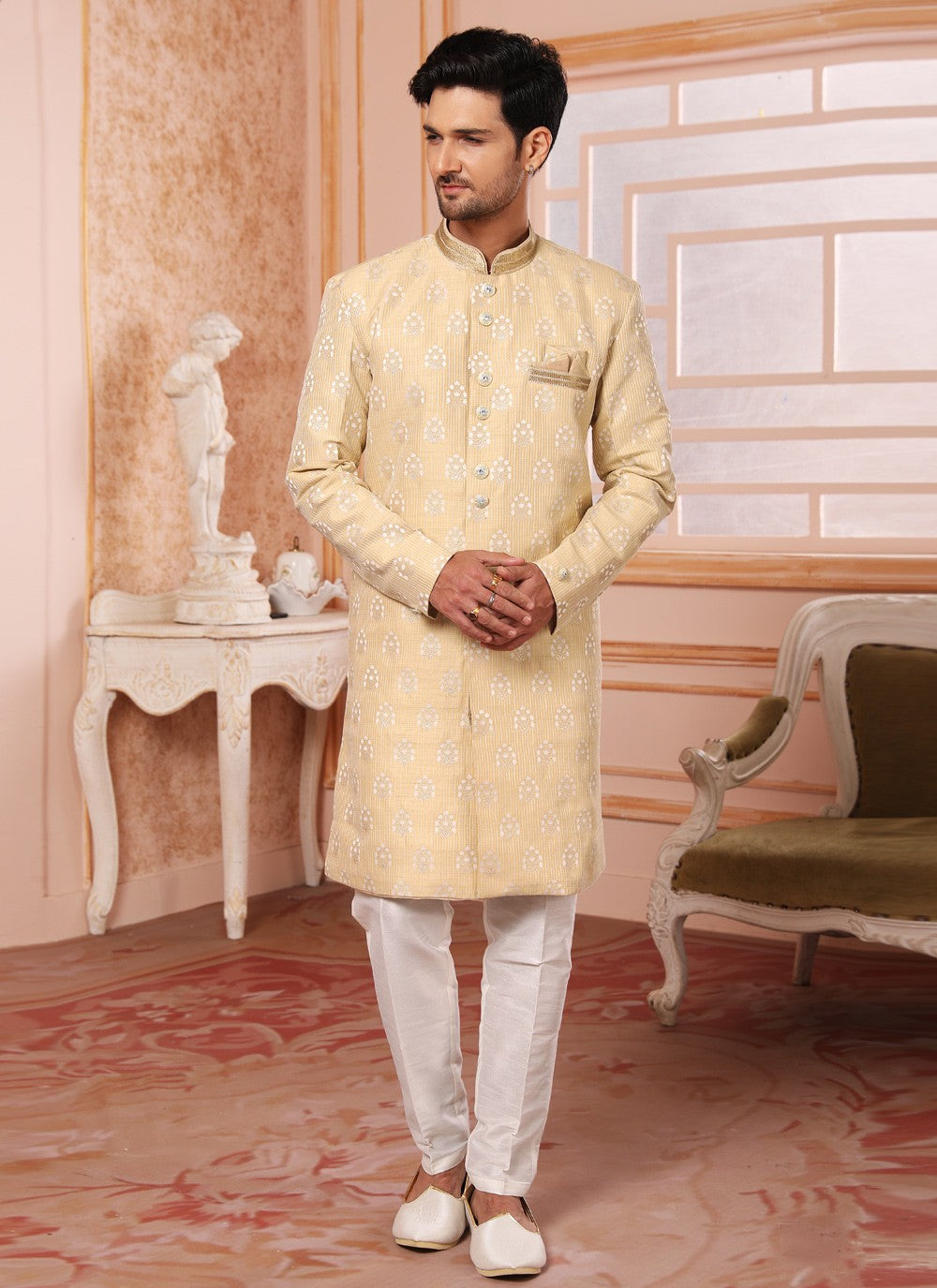 Embroidered Art Silk Yellow Indo Western - M4412