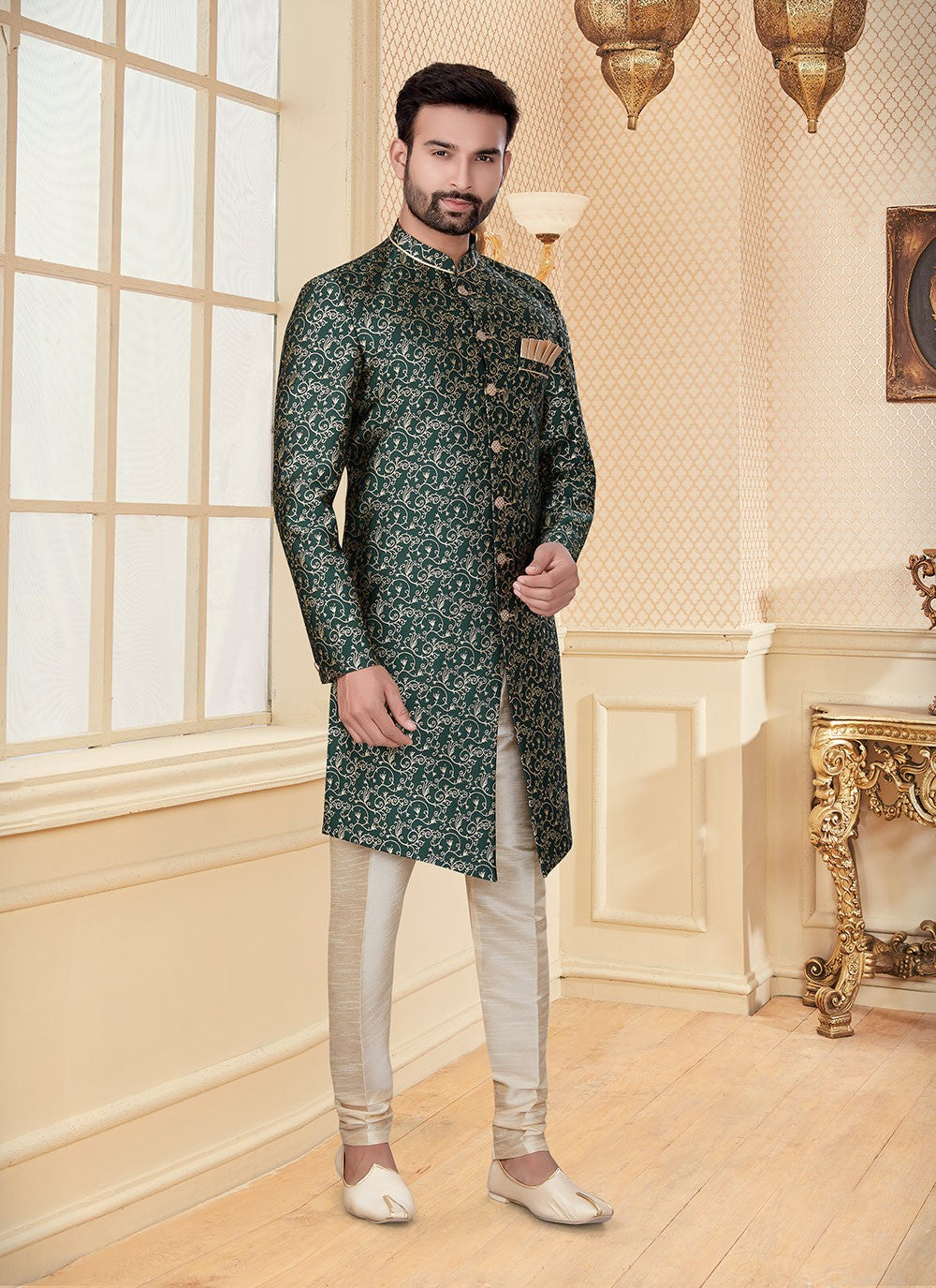 Embroidered Jacquard Green Indo Western - M2948