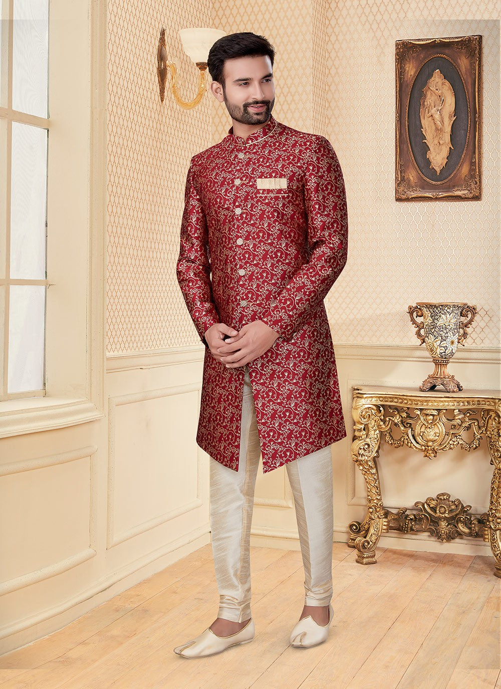 Embroidered Jacquard Maroon Indo Western - M2950