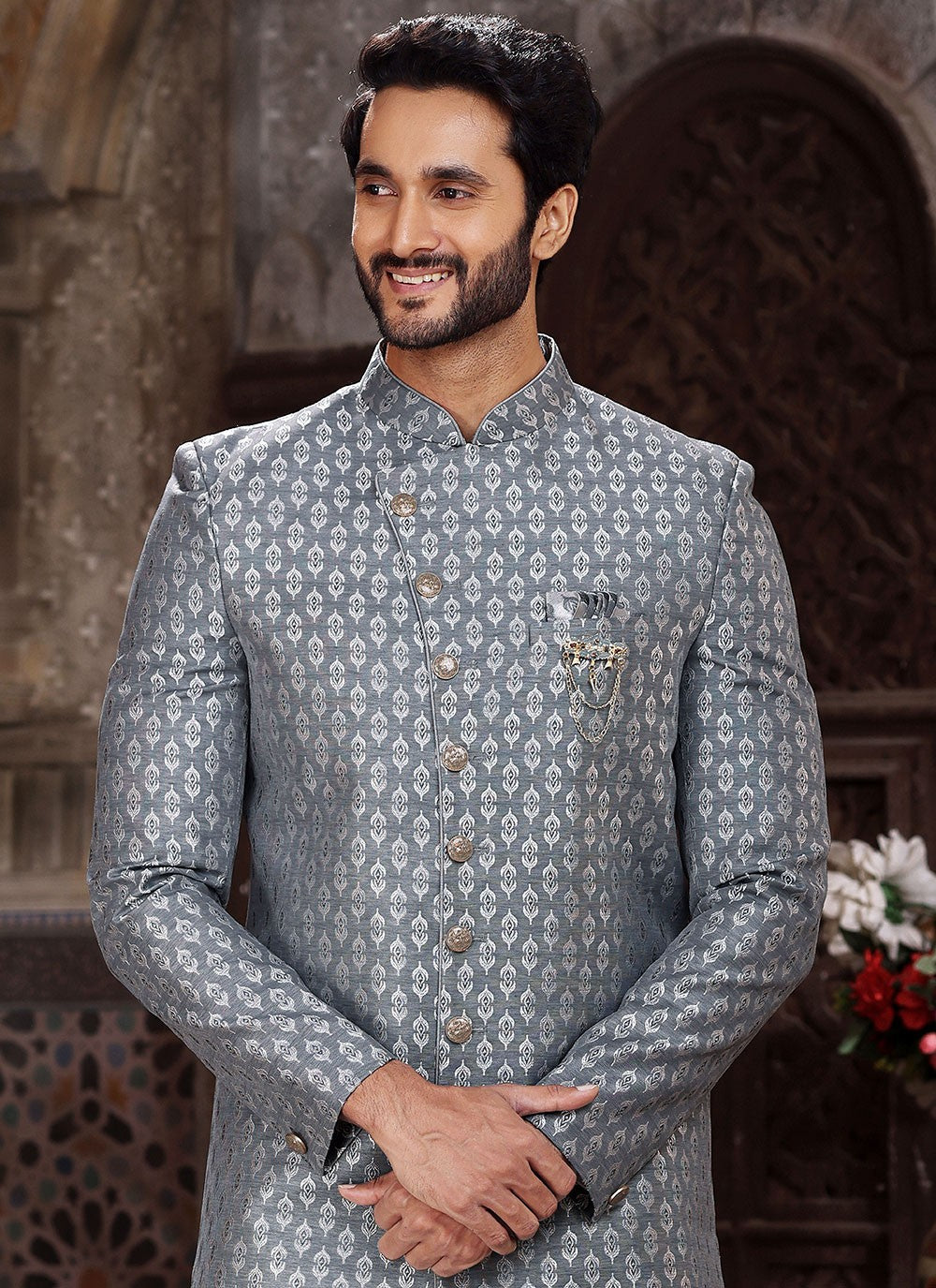 Embroidered Banarasi Jacquard Grey Indo Western - M5261