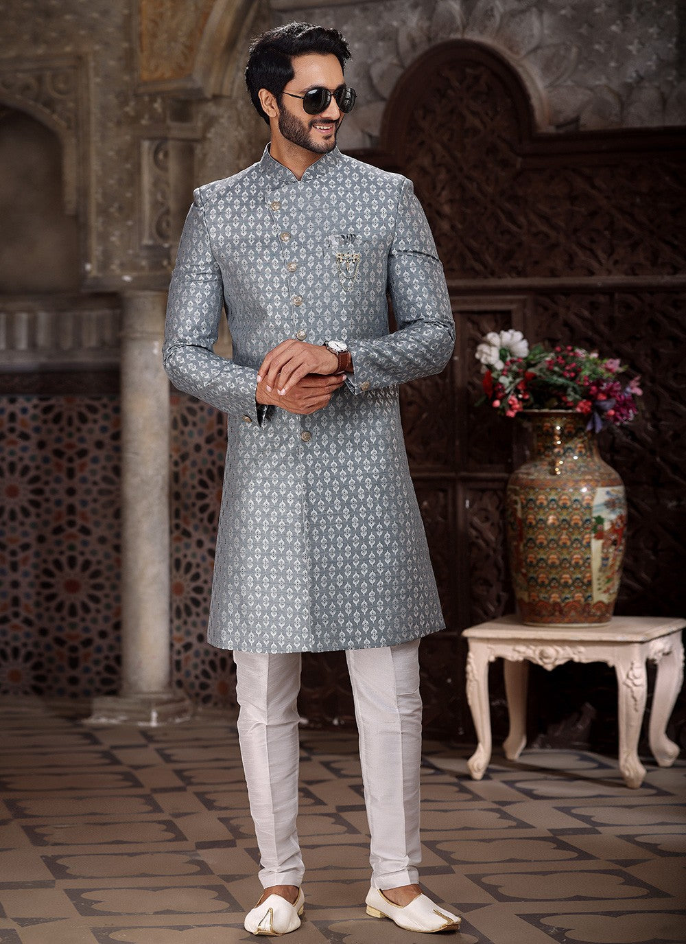 Embroidered Banarasi Jacquard Grey Indo Western - M5261