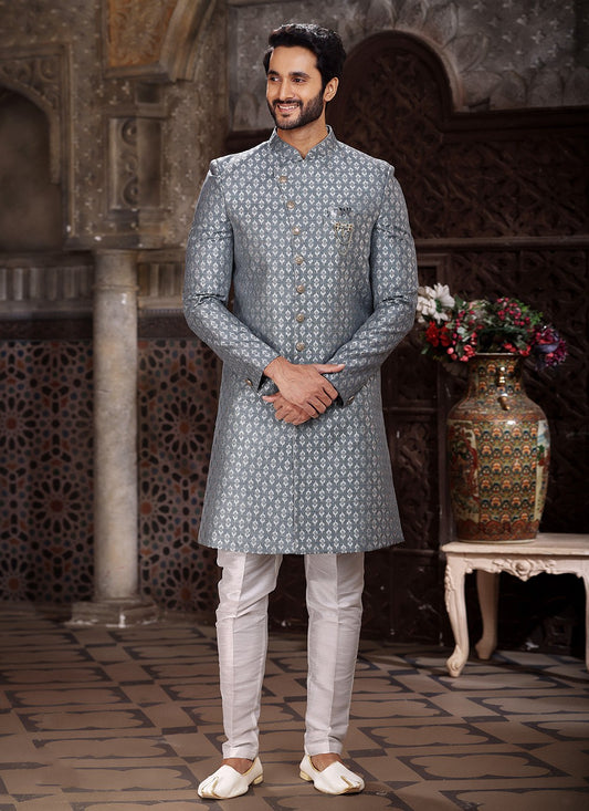 Embroidered Banarasi Jacquard Grey Indo Western - M5261