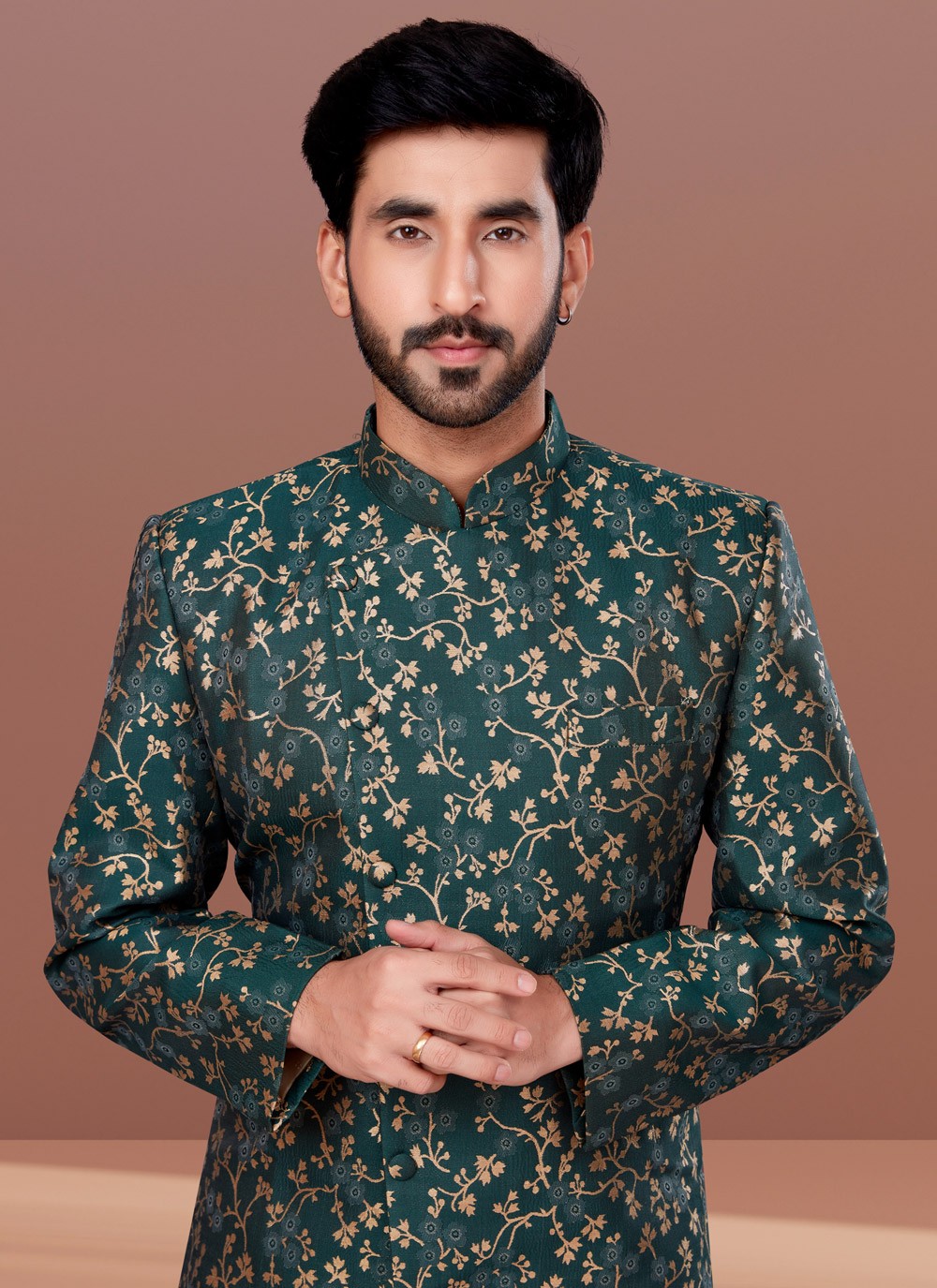 Fancy Work Jacquard Green Indo Western - M4640