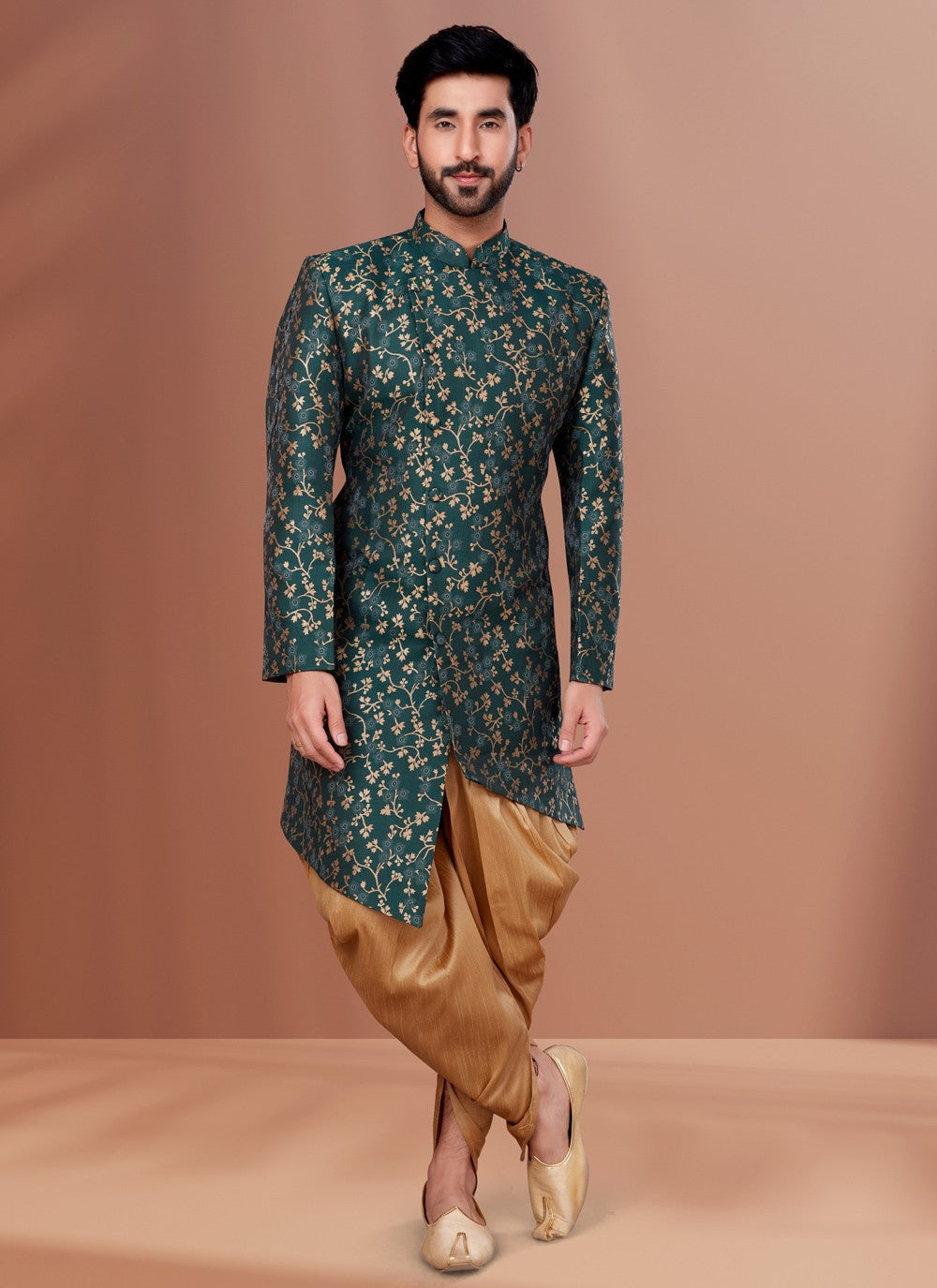 Fancy Work Jacquard Green Indo Western - M4640