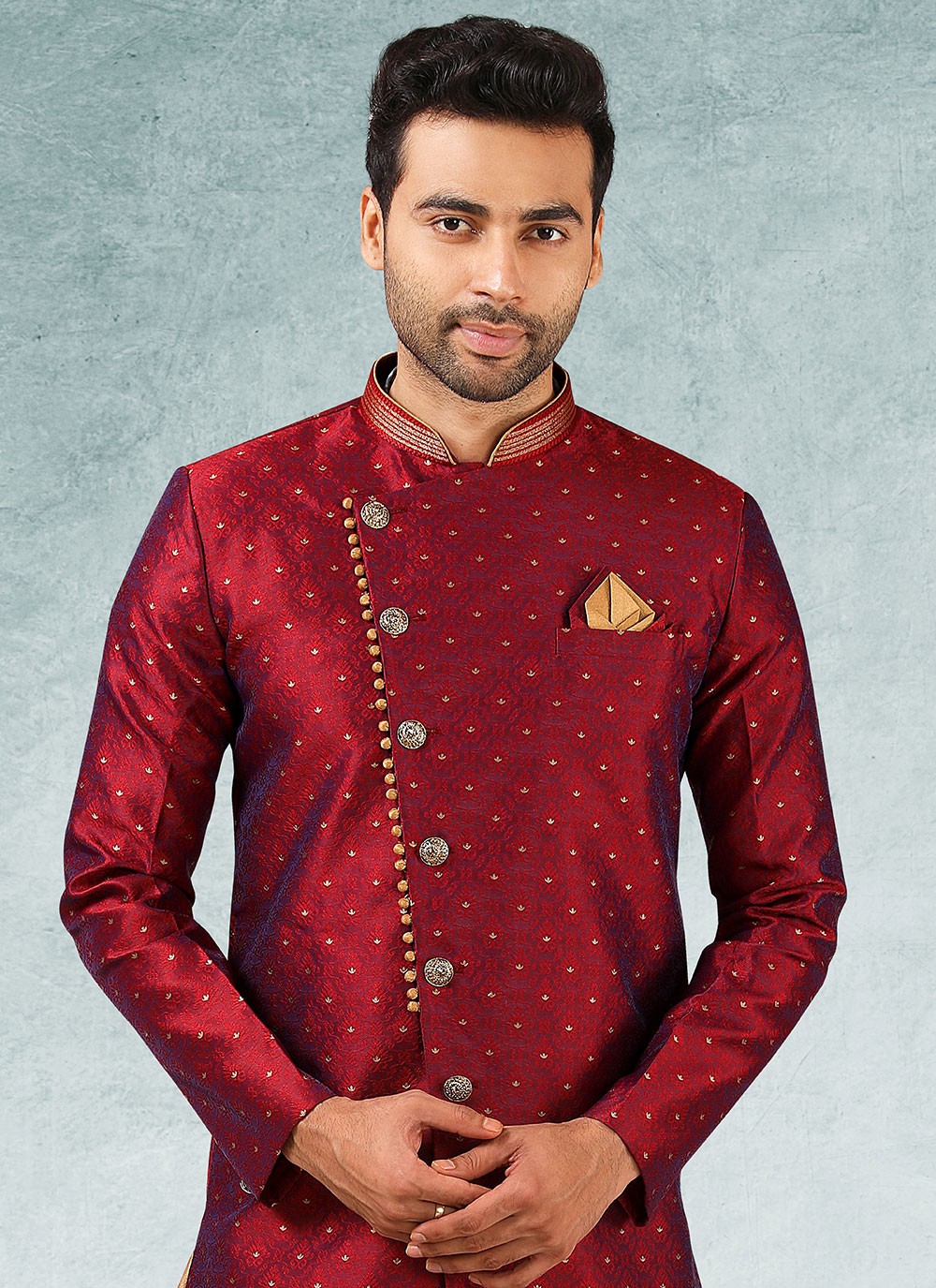 Fancy Work Brocade, Jacquard Silk Red Indo Western - M3335