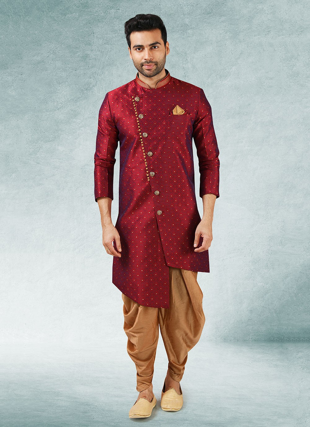 Fancy Work Brocade, Jacquard Silk Red Indo Western - M3335