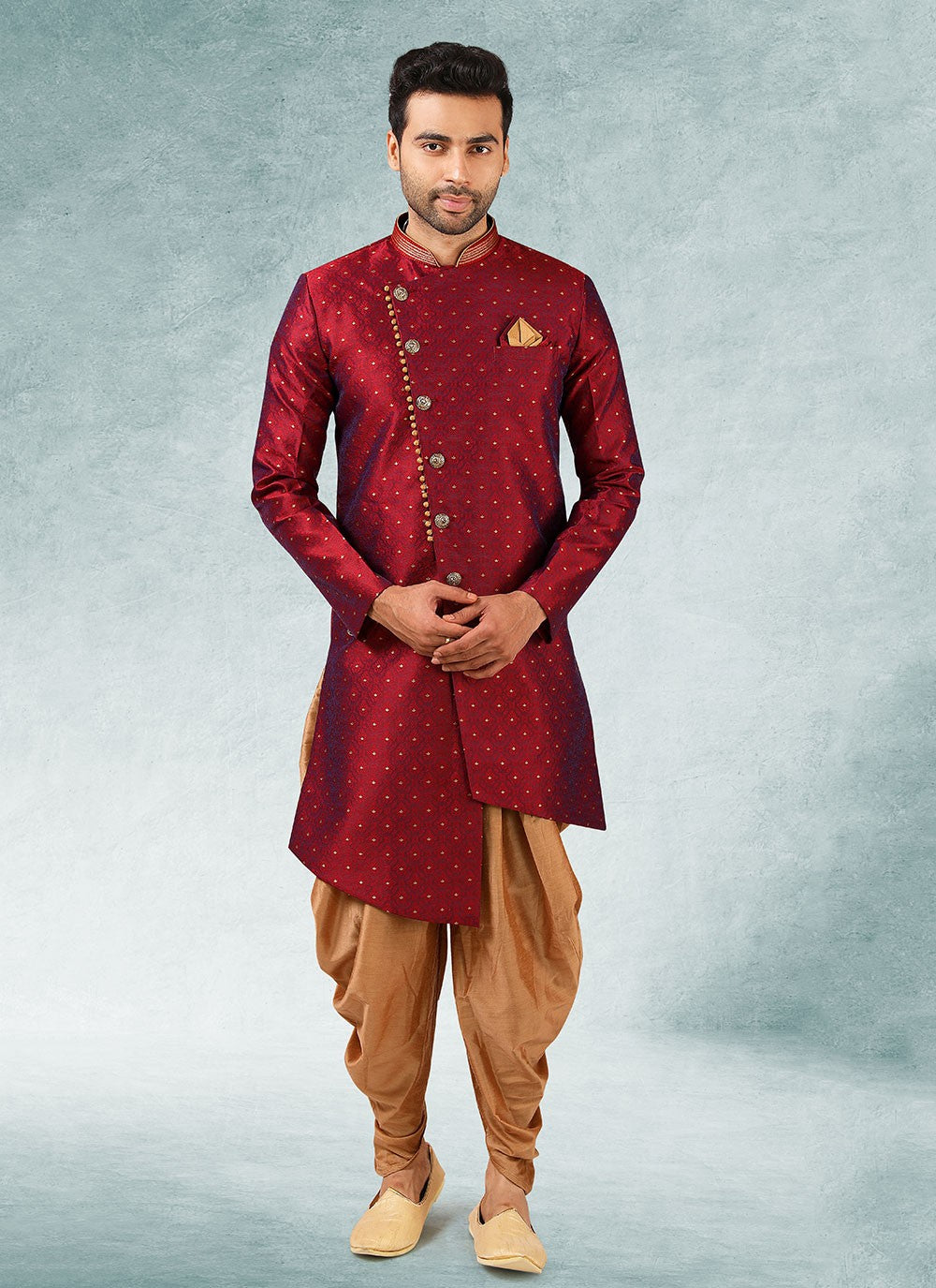 Fancy Work Brocade, Jacquard Silk Red Indo Western - M3335