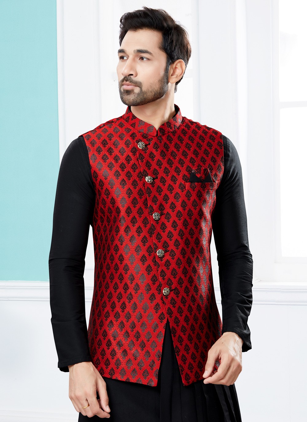 Jacquard Work Banarasi Silk, Dupion Silk Black, Red Indo Western - M4042