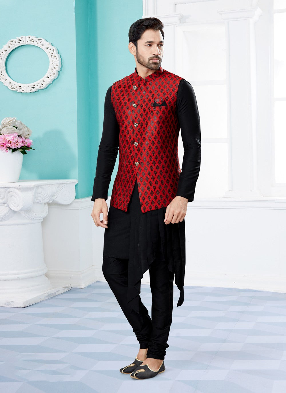 Jacquard Work Banarasi Silk, Dupion Silk Black, Red Indo Western - M4042