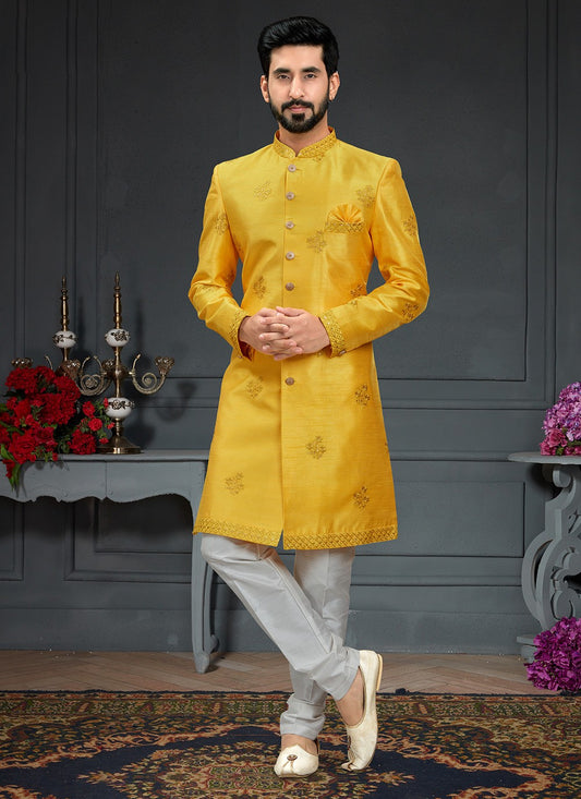 Embroidered Imported, Silk Yellow Indo Western - M3434