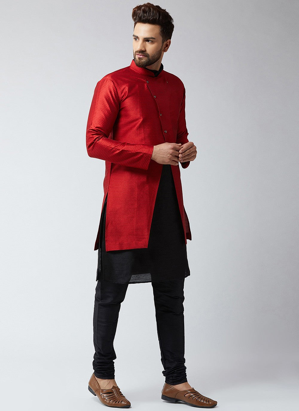 Plain Dupion Silk Black, Red Indo Western - M2426