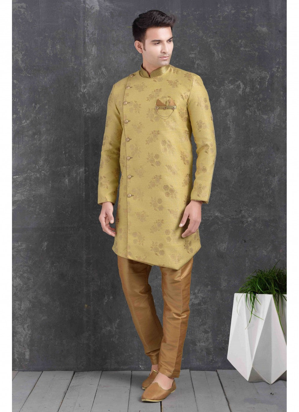 Printed Jacquard Silk Yellow Indo Western - M1771