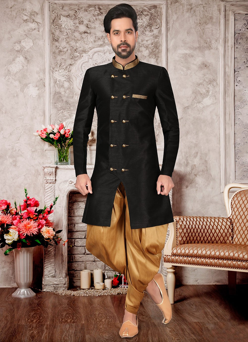 Buttons Brocade, Silk Black Indo Western Sherwani - M2993