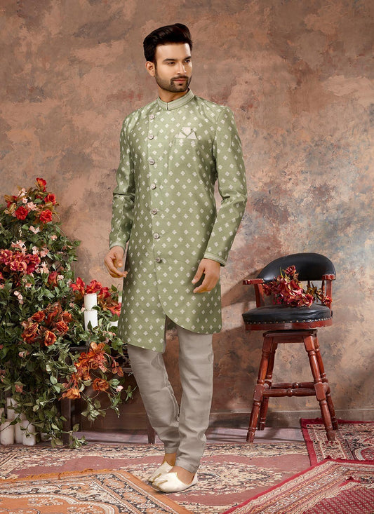 Digital Print Jacquard Green Indo Western Sherwani - M2873