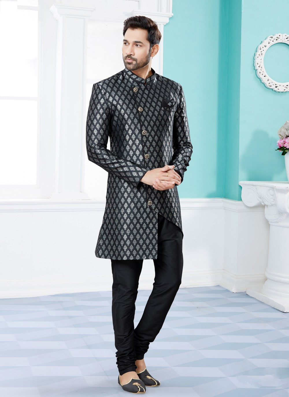 Embroidered Banarasi Jacquard Black Indo Western Sherwani - M3907