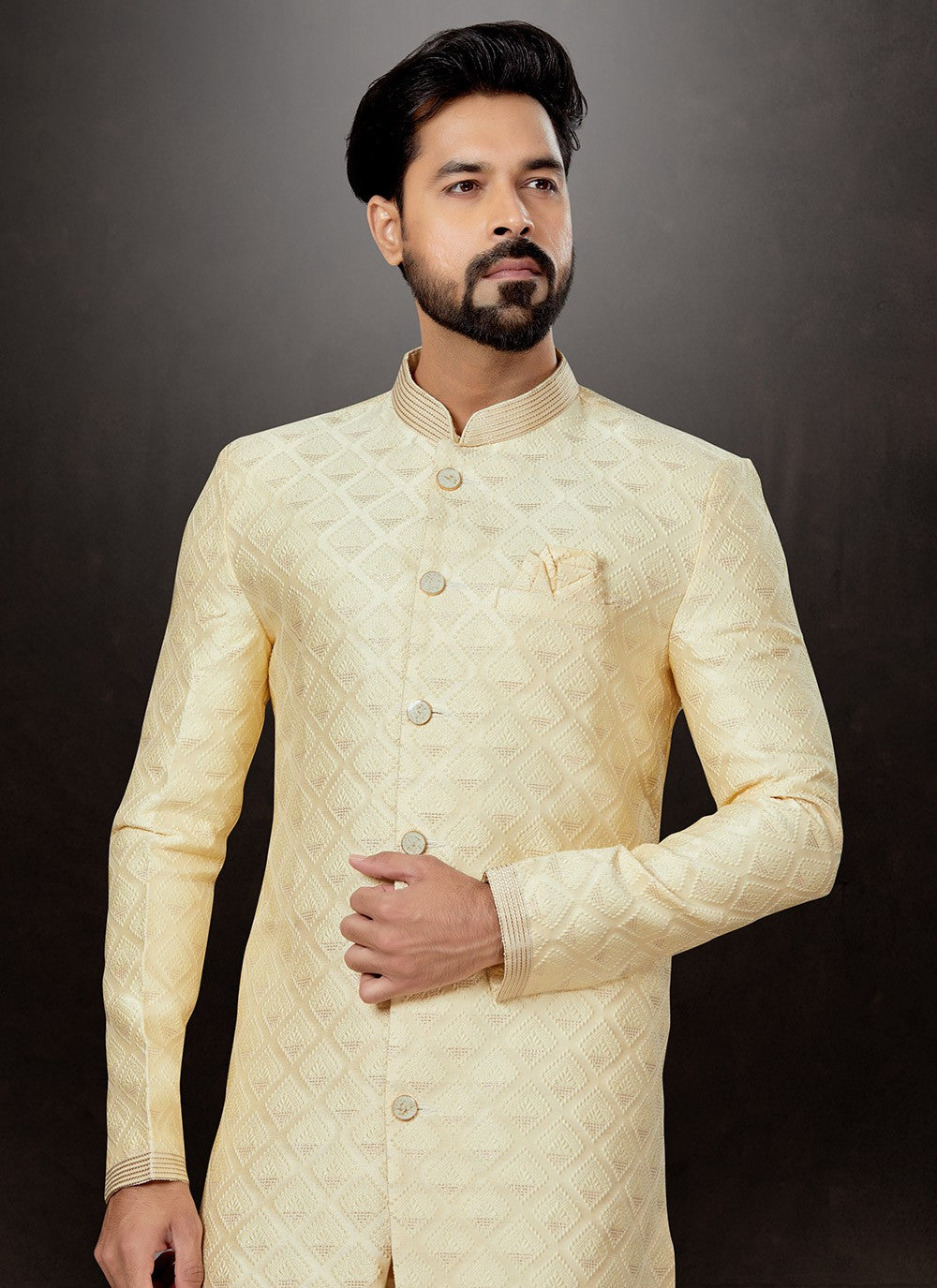 Embroidered Jacquard Cream Indo Western Sherwani - M4819