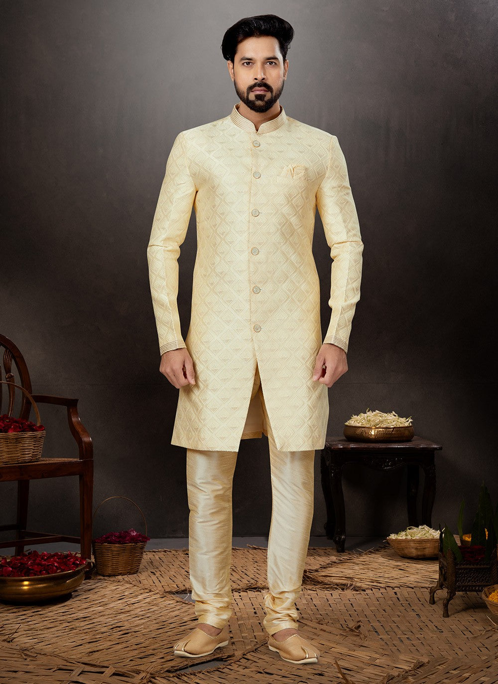 Embroidered Jacquard Cream Indo Western Sherwani - M4819