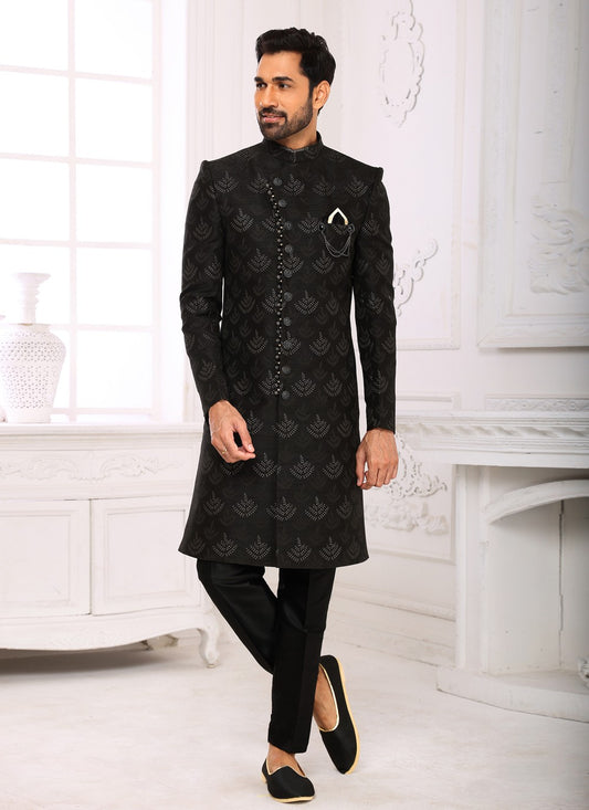 Jacquard Work Imported Black Indo Western Sherwani - M3983