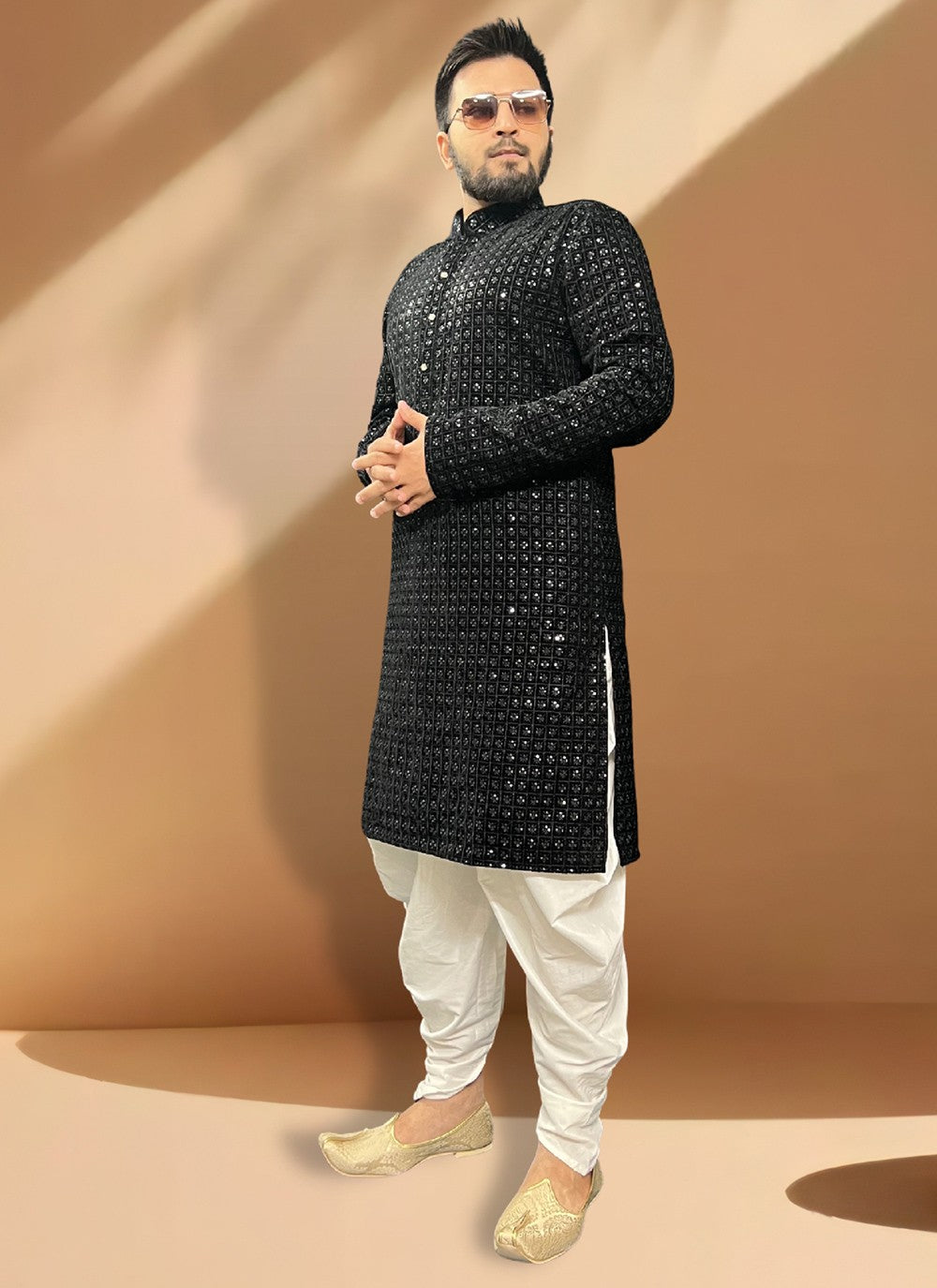 Embroidered Velvet Black Indo Western Sherwani - M5337