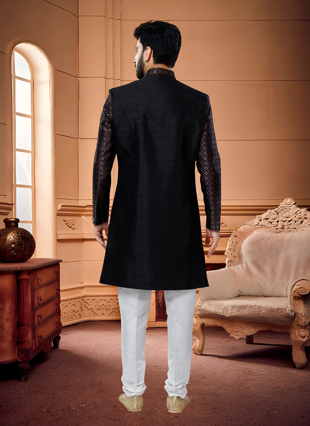 Thread Jacquard, Silk Black, Wine Indo Western Sherwani - M4314