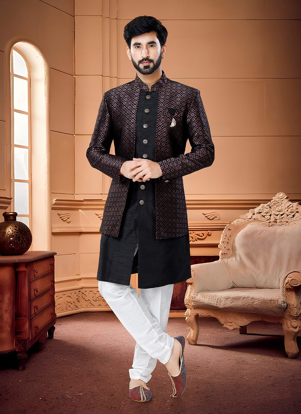 Thread Jacquard, Silk Black, Wine Indo Western Sherwani - M4314