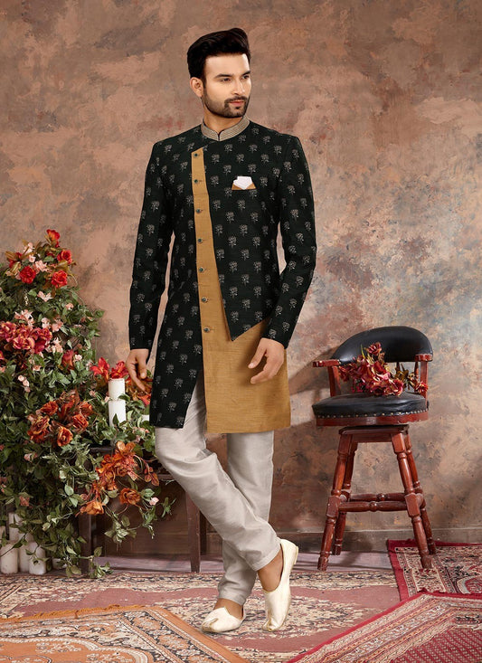 Digital Print Jacquard Brown, Green Indo Western Sherwani - M2895