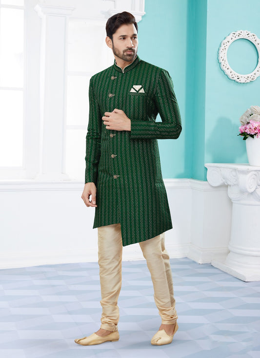 Thread Jacquard Green Indo Western Sherwani - M3929