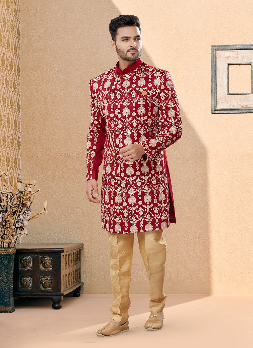 Machine Embroidery Velvet Red Indo Western Sherwani - M3899