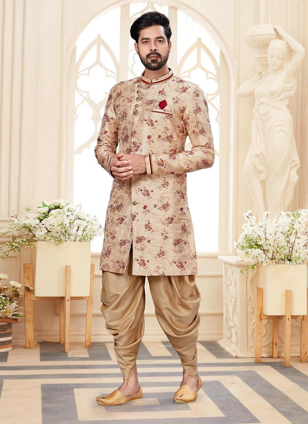 Woven Fancy Fabric Cream Indo Western Sherwani - M2933