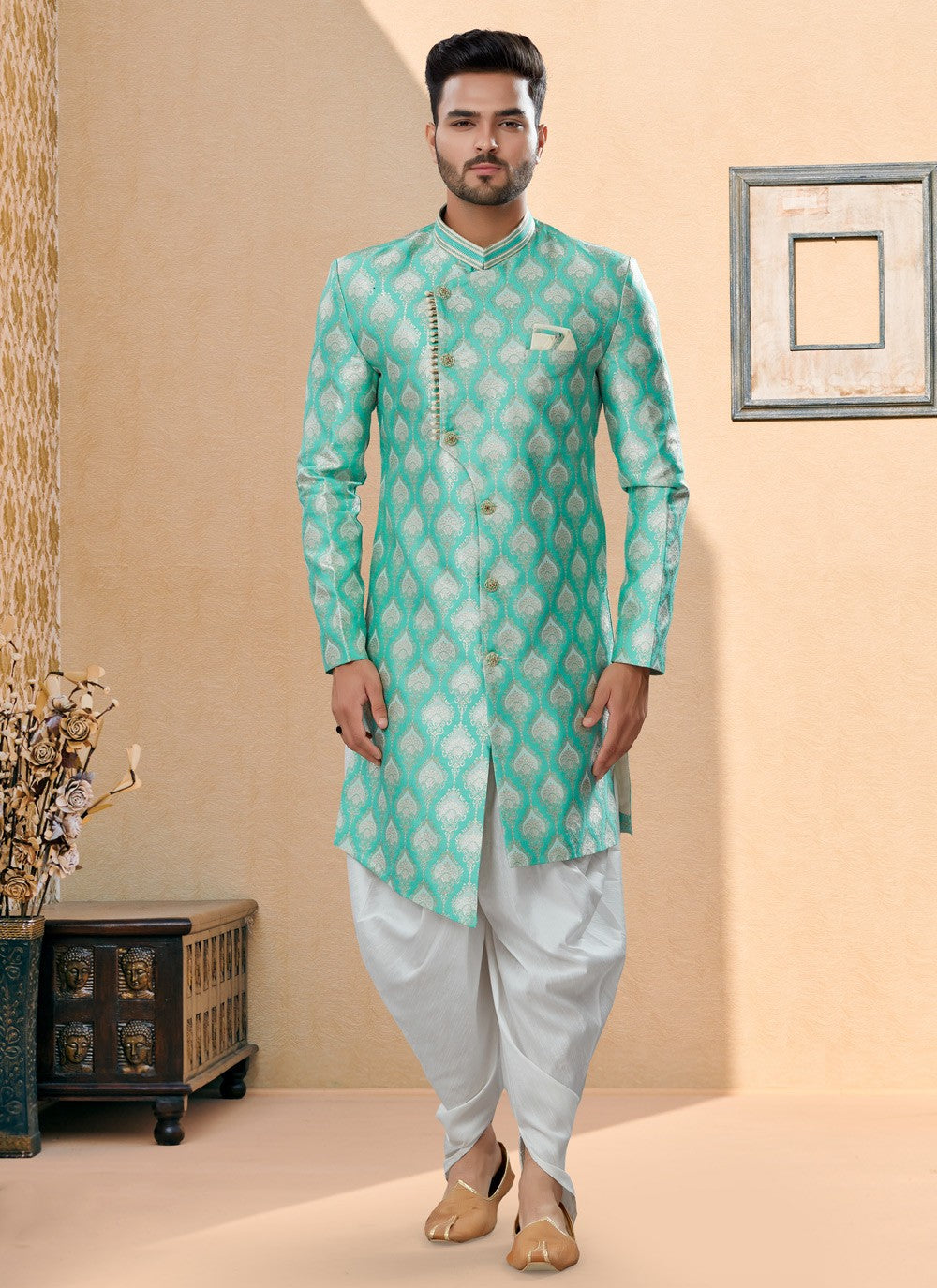 Thread Banarasi Jacquard Firozi Indo Western Sherwani - M3900