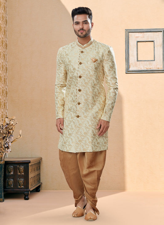 Thread Banarasi Jacquard Gold Indo Western Sherwani - M3896