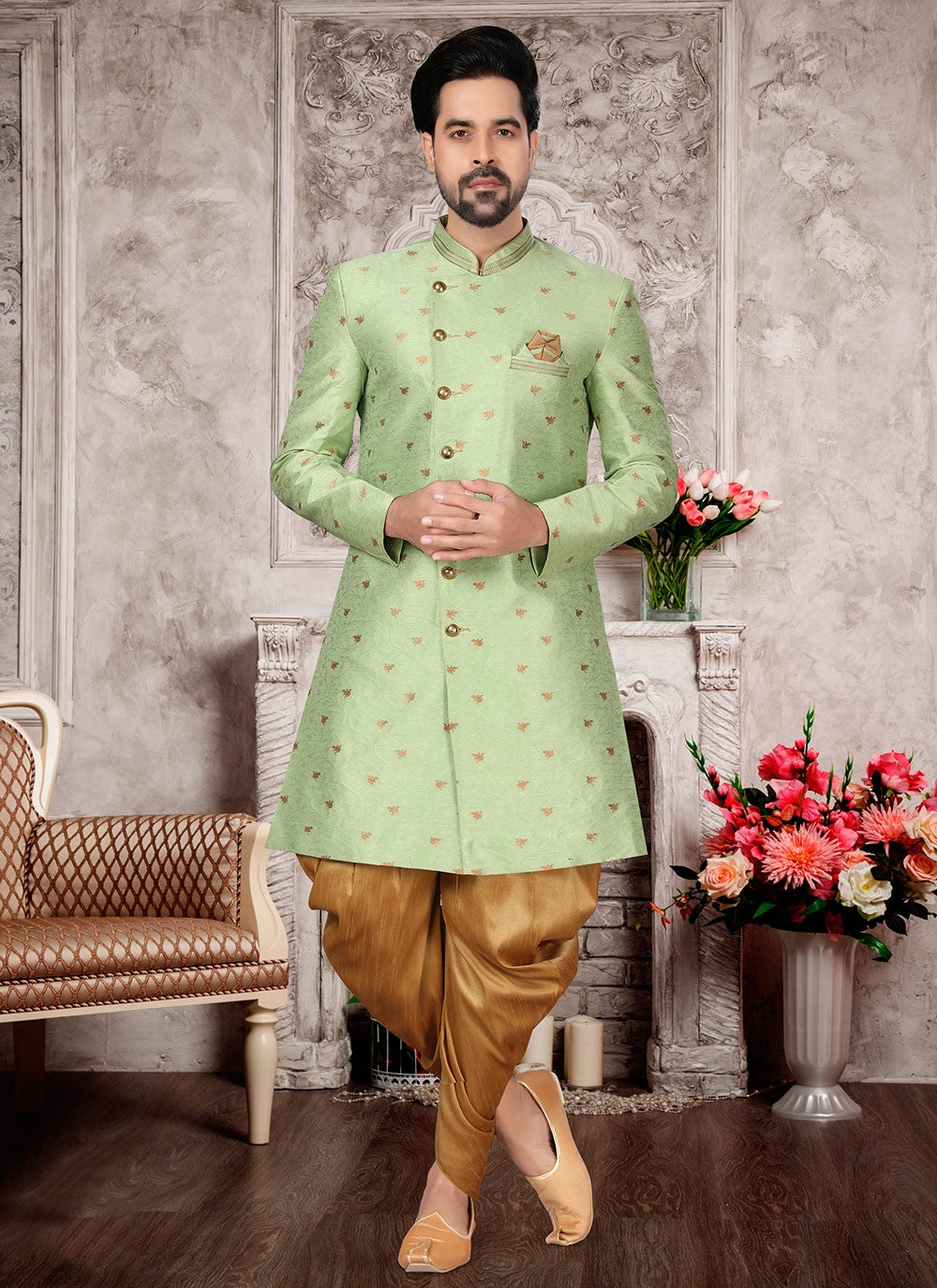 Jacquard Work Fancy Fabric Green Indo Western Sherwani - M2986