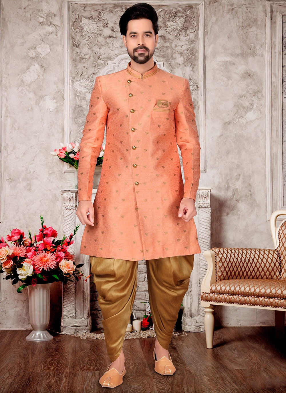 Jacquard Work Fancy Fabric Peach Indo Western Sherwani - M2983