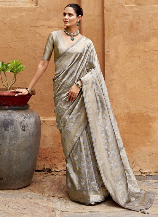 Trendy Jaal Banarasi Silk Grey Saree - S11316