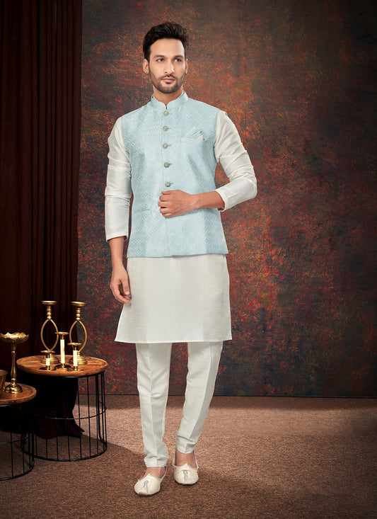 Fancy Work Jacquard Aqua Blue, Off White Kurta Payjama With Jacket - M7179