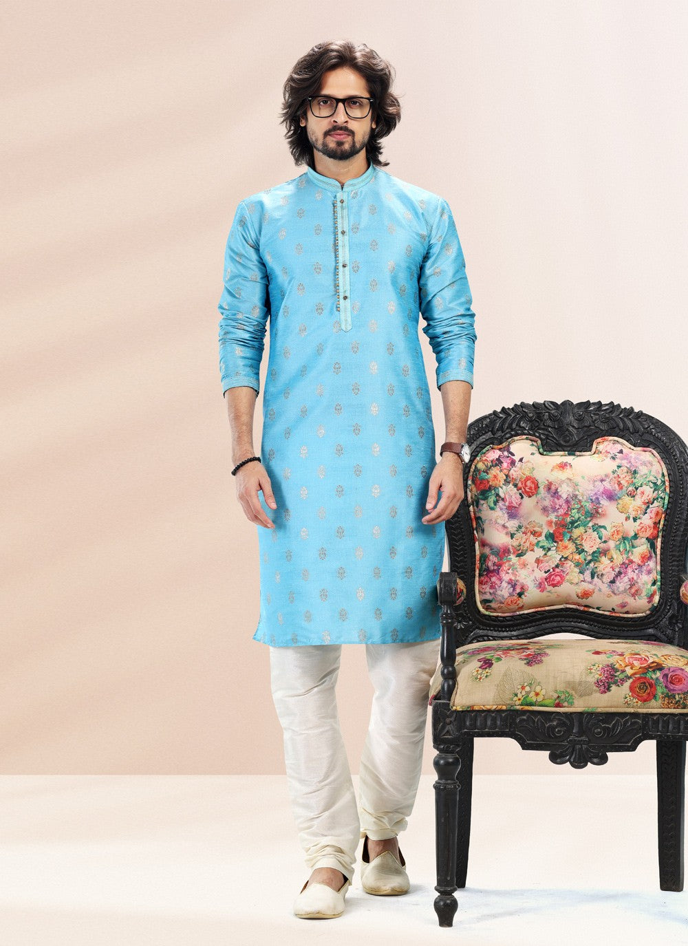 Fancy Work Banarasi Silk, Jacquard Aqua Blue Kurta Pyjama - M4830