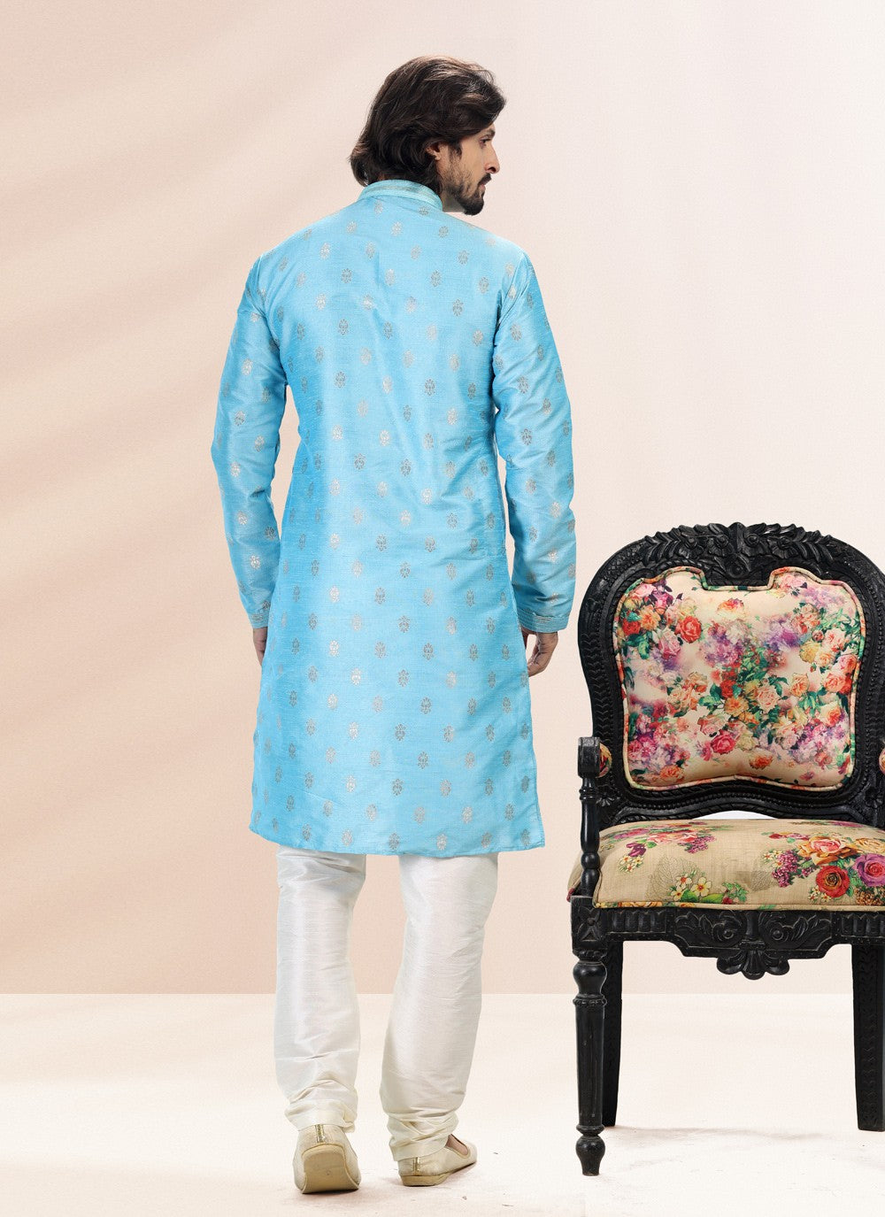 Fancy Work Banarasi Silk, Jacquard Aqua Blue Kurta Pyjama - M4830