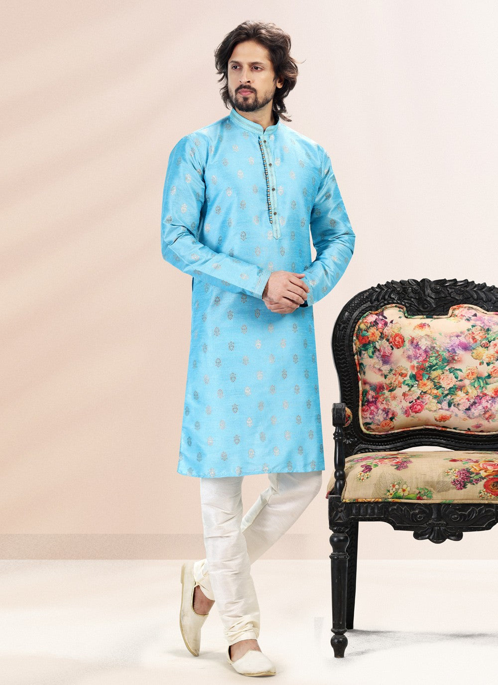 Fancy Work Banarasi Silk, Jacquard Aqua Blue Kurta Pyjama - M4830