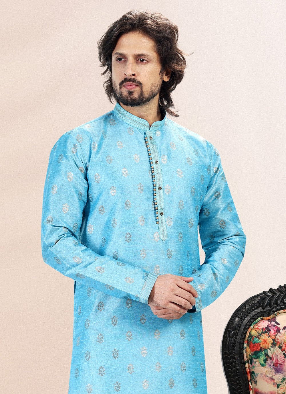 Fancy Work Banarasi Silk, Jacquard Aqua Blue Kurta Pyjama - M4830