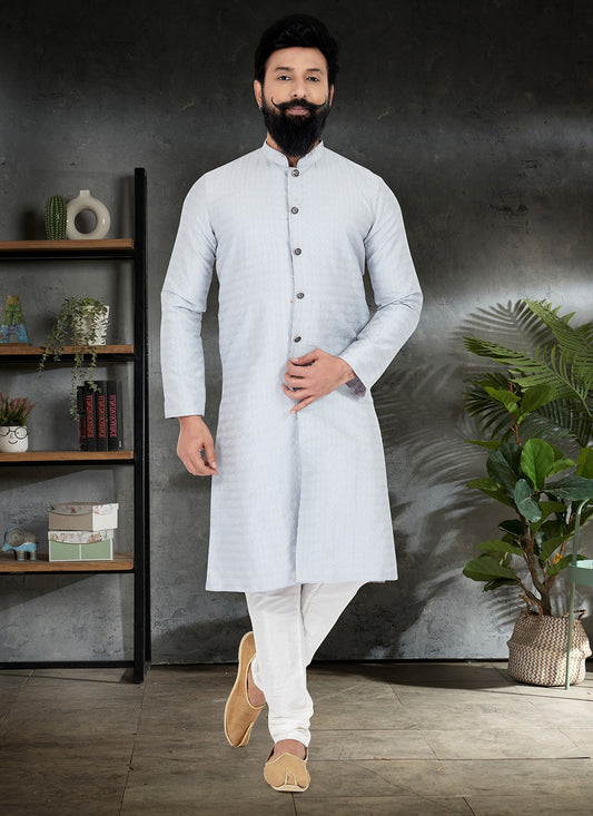 Embroidered Jacquard Aqua Blue Kurta Pyjama - M4973