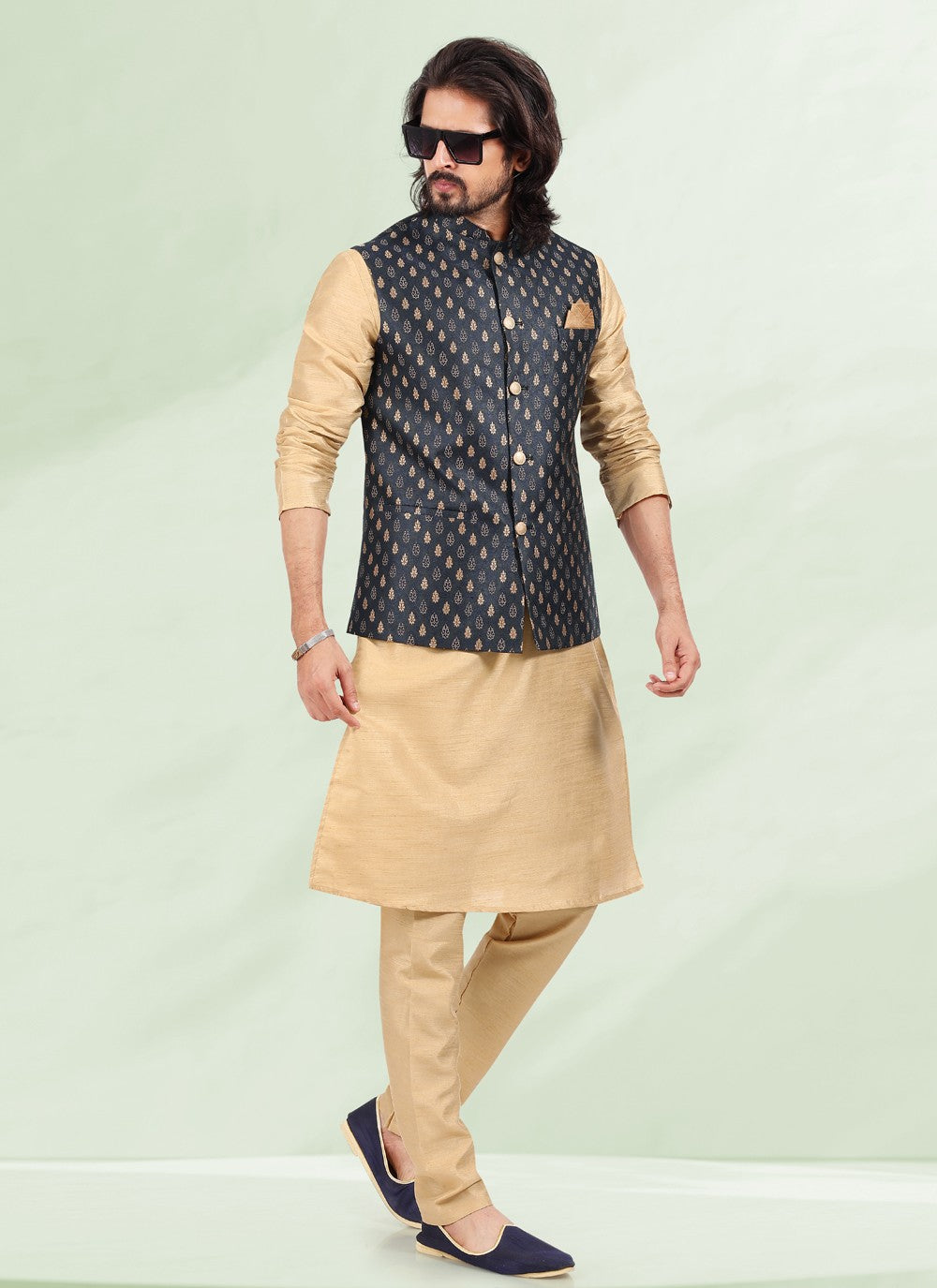 Jacquard Work Banarasi Silk, Jacquard Beige, Blue Kurta Payjama With Jacket - M4881