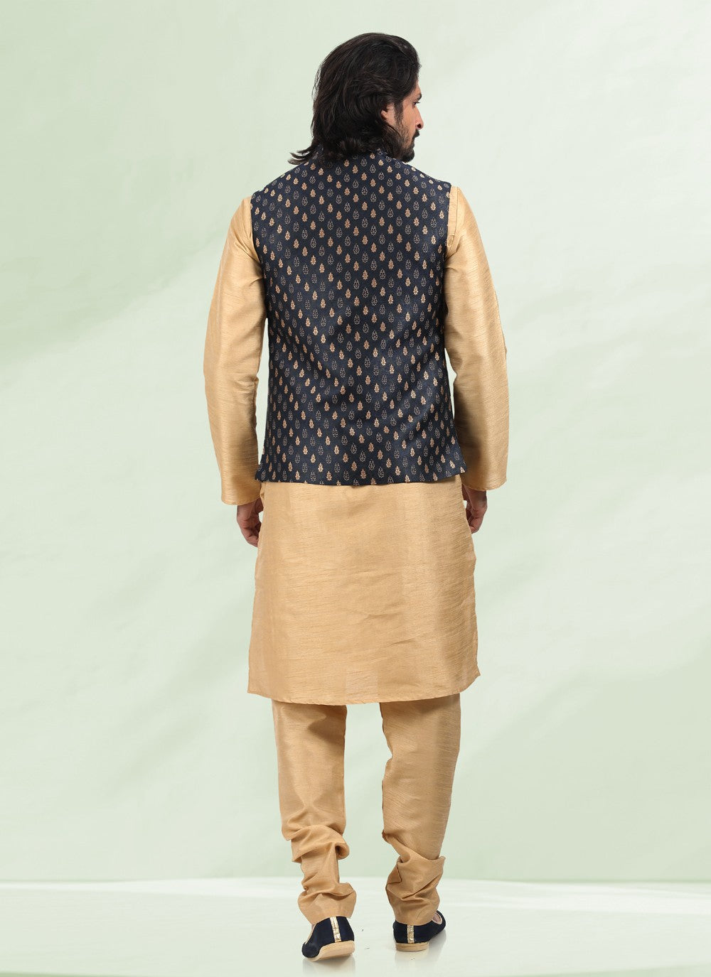 Jacquard Work Banarasi Silk, Jacquard Beige, Blue Kurta Payjama With Jacket - M4881