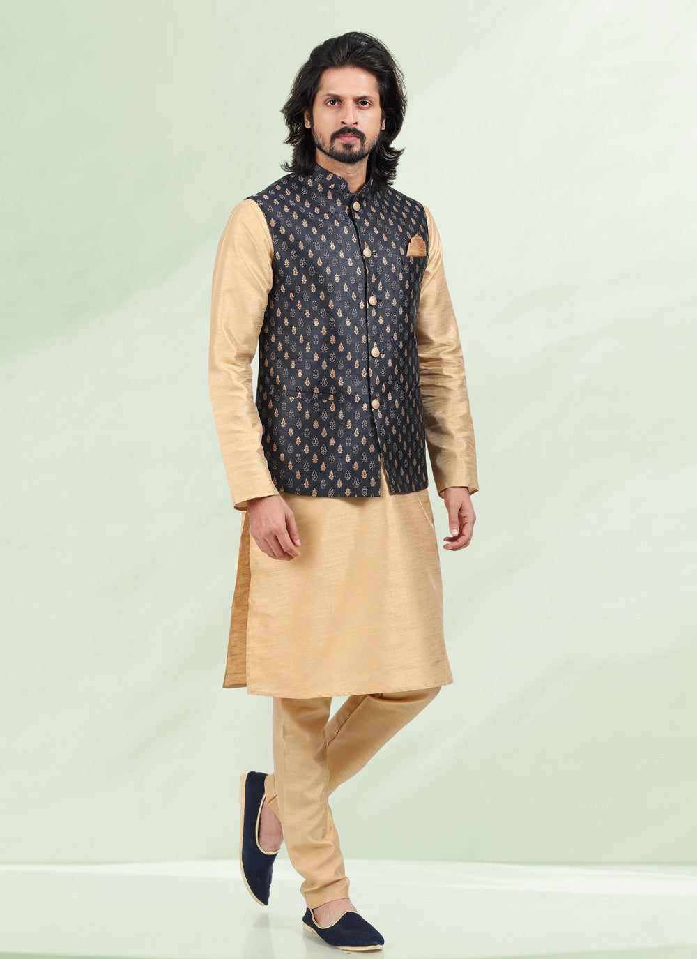 Jacquard Work Banarasi Silk, Jacquard Beige, Blue Kurta Payjama With Jacket - M4881