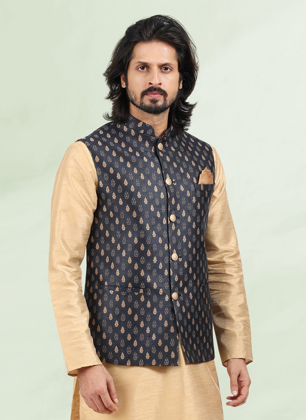 Jacquard Work Banarasi Silk, Jacquard Beige, Blue Kurta Payjama With Jacket - M4881