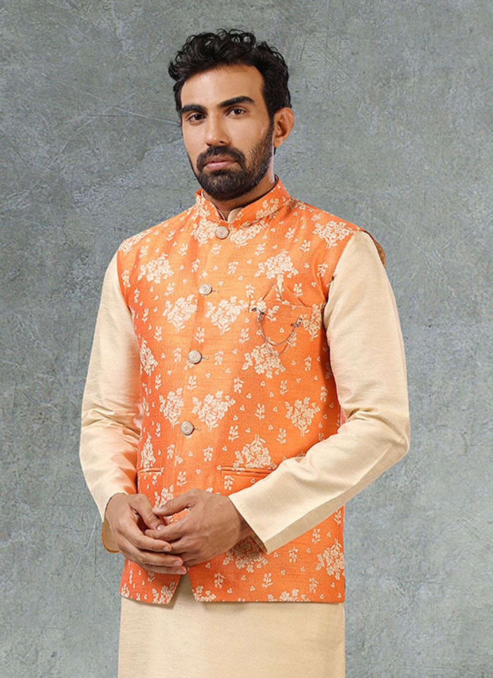 Jacquard Work Banarasi Silk, Jacquard Beige, Orange Kurta Payjama With Jacket - M2354