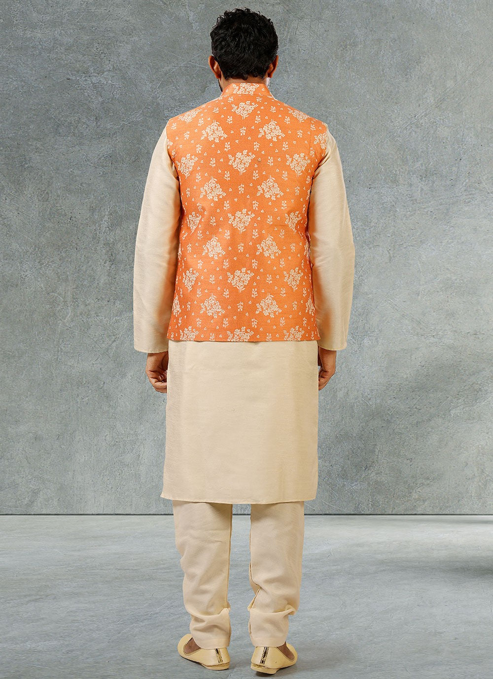 Jacquard Work Banarasi Silk, Jacquard Beige, Orange Kurta Payjama With Jacket - M2354