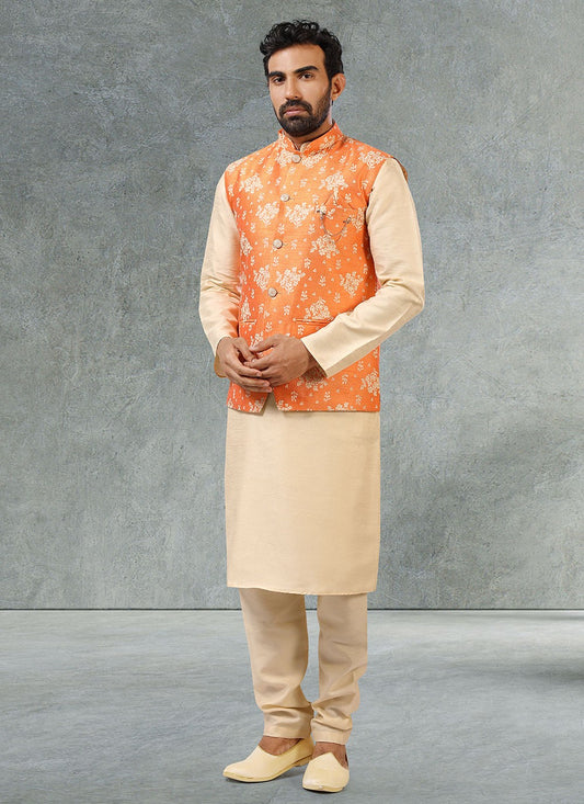 Jacquard Work Banarasi Silk, Jacquard Beige, Orange Kurta Payjama With Jacket - M2354