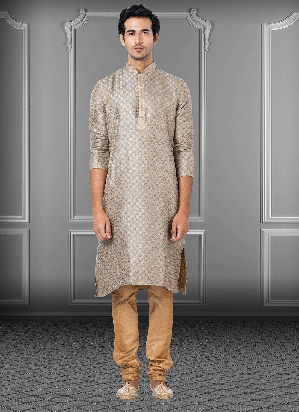 Fancy Work Jacquard Beige Kurta Pyjama - M3670