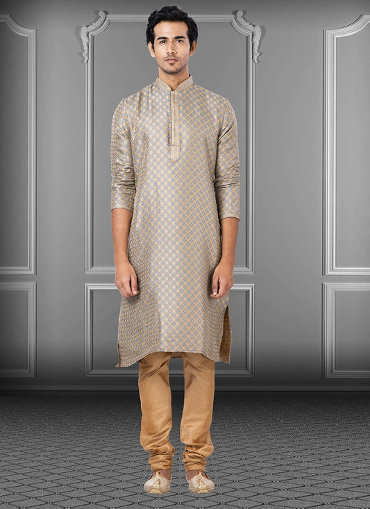 Fancy Work Jacquard Beige Kurta Pyjama - M3670