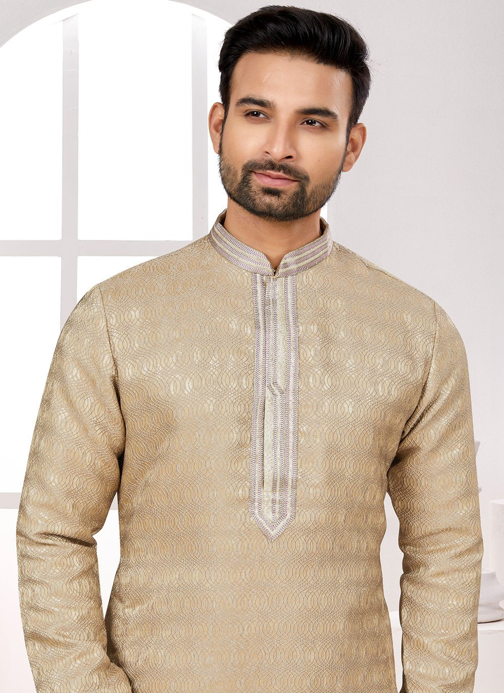 Fancy Work Jacquard Beige Kurta Pyjama - M6685